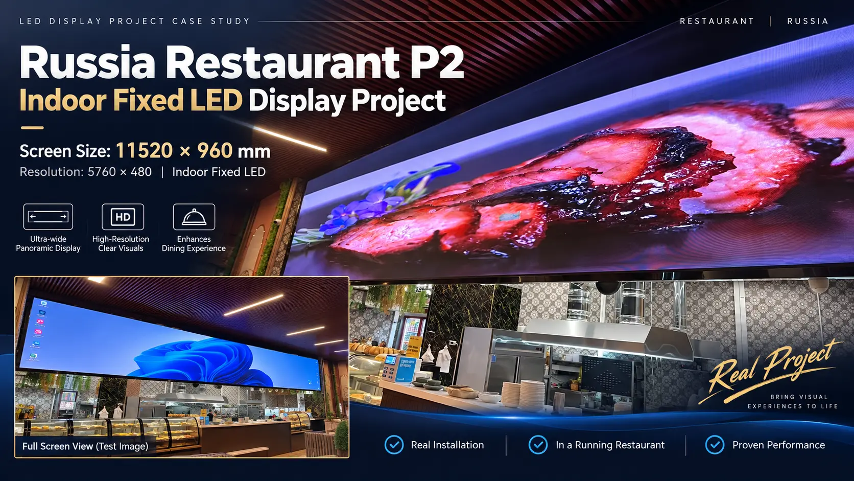 P2 indoor fixed LED display project for a restaurant in Russia with an 11.52 meter panoramic screen